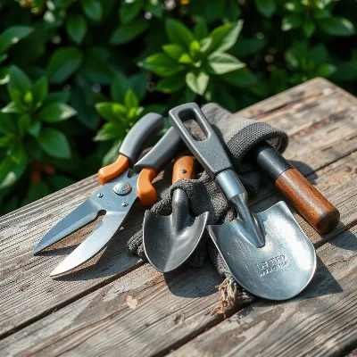 Assortment of garden tools laid out on a wooden surface