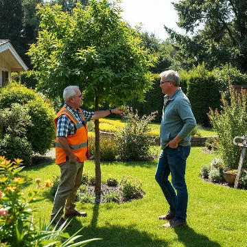 Landscape and tree care expert advising a client in a beautiful garden
